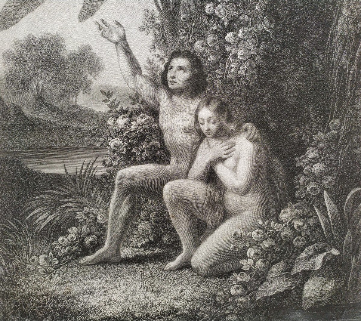 Eve Nude Adam Biblical Scene Engraving-photo-1