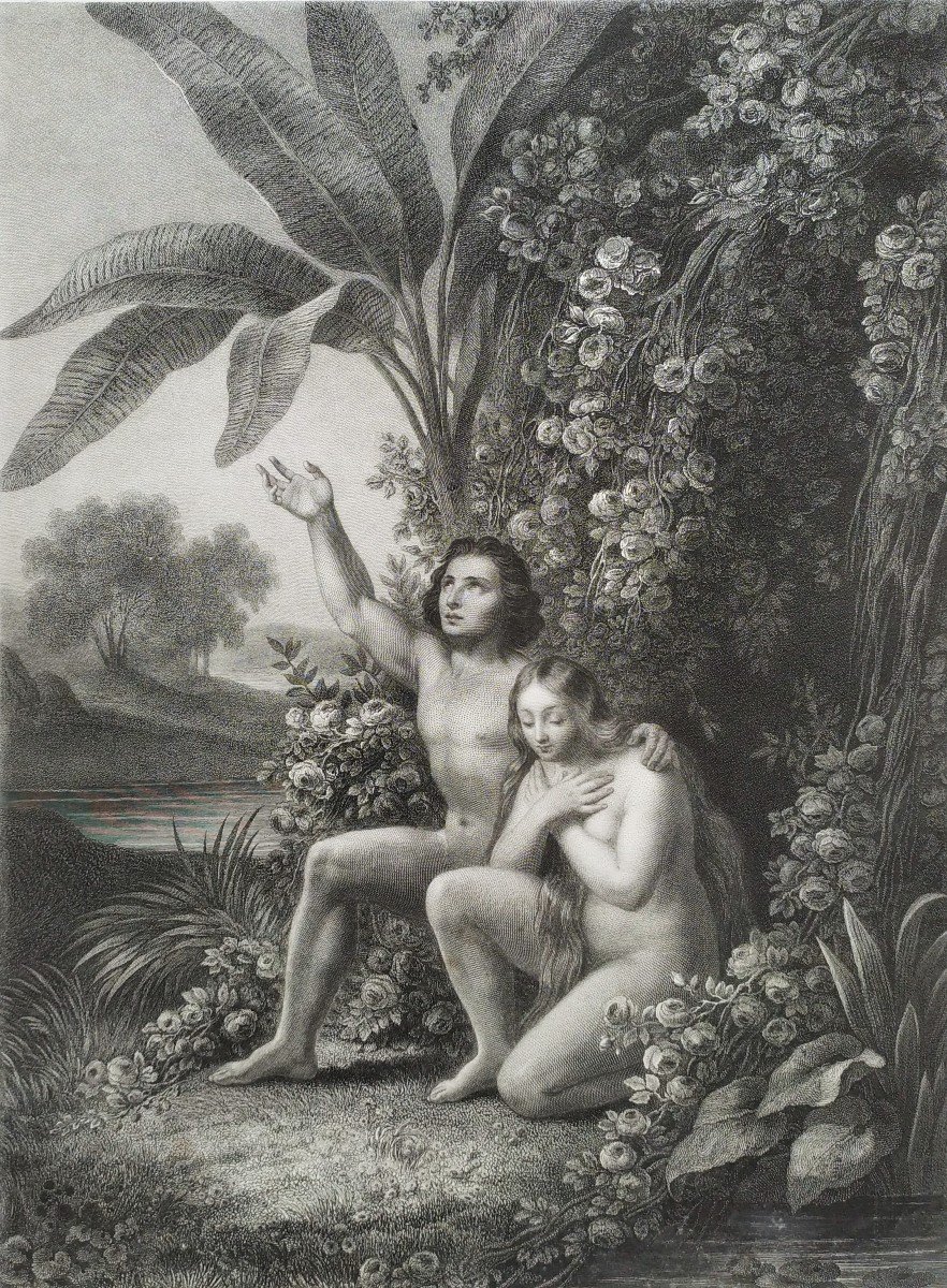 Eve Nude Adam Biblical Scene Engraving