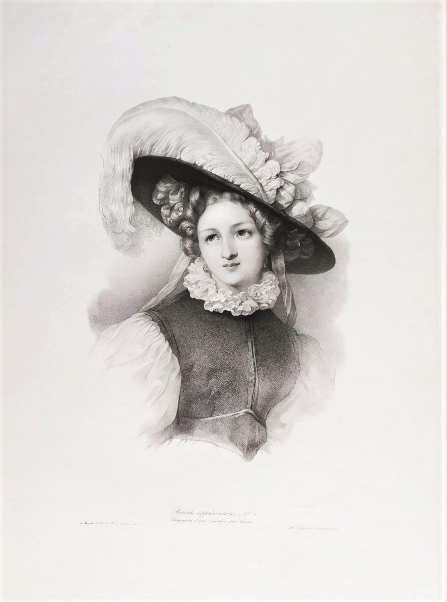 Grévedon Female Portrait Lithograph 19th C-photo-3