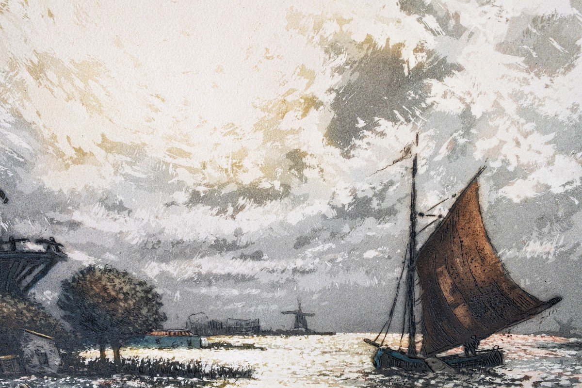 Aquatint Engraving By Arsène Chabanian Dutch Seascape-photo-4