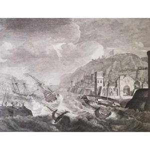 Sea Scenery Port In The Mediterranean Sea Etching 18th C