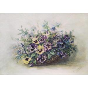 Pansies Flowers Watercolor  By Eugène Marguerit Calmant