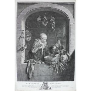  La Marchande Hollandaise Gravure 18ème d'Après Gerrit Dou