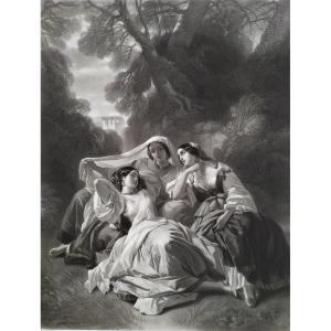 Italian Women Engraving  Etching After Winterhalter 19th C Old Print