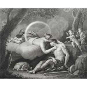 Mythological Etching Diana And Endymion Engraving By Pietro Bonato After Francesco Albani  19th Century  Old Print