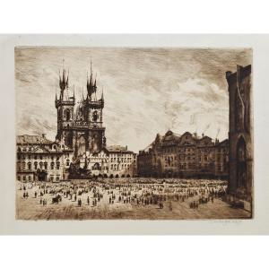 Prague Old Town Square Etching By Jaroslaw Skrbek Dated 1919 Engraving Old Print