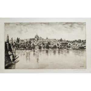 Prague Charles Bridge Etching  By Jaroslaw Skrbek Dated 1921 Engraving  Old Print