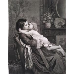 Engraving After Auguste Toulmouche Mother And Child  Etching Old Print 
