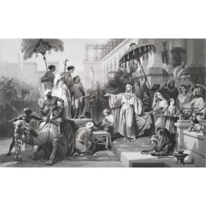 The Queen Of Sheba And Solomon Orientalist Engraving After Schopin 19th C Etching Old Print