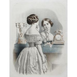 Portrait Of A Lady In Mirror Finely Watercolored Lithograph 19th C Old Print