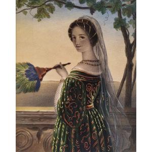 Italian Woman With A Fan Watercolored Lithograph 19th C Old Print