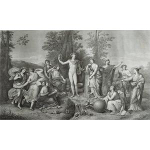 Gravure Mythologique  Apollon Et Les Muses Sur Le Parnasse 19ème