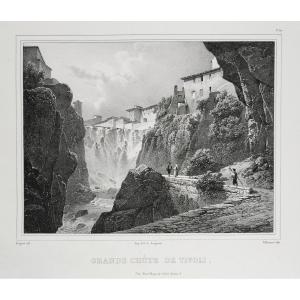 Tivoli Waterfall After Coignet 19th Lithograph Langlumé Old Print