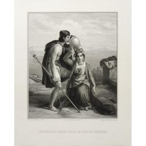 Etching By Alphonse Lamotte Engraving After Léopold Robert Fisherman And Young Greek Girl 19th C Old Print