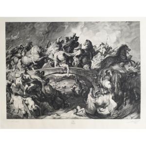 La Bataille Des Amazones Gravure d'Après Rubens Par Louis Greuse 
