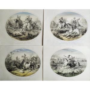 Hunting Horses Four Continents Lithographs 19th C Bès And Dubreuil Old Print