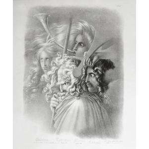 Ossian Mythology Lithograph After Girodet -trioson 19th C Old Print