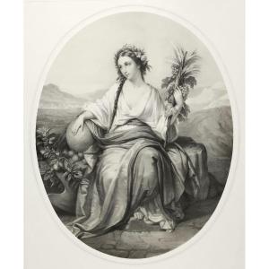 The Earth Or Autumn Allegorical Lithograph By Michele Fanoli After Brochart 19th C Old Print