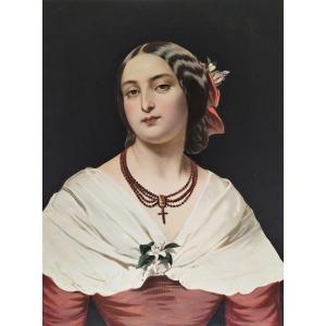 Portrait De Femme Italienne Lithographie Aquarellée XIXème