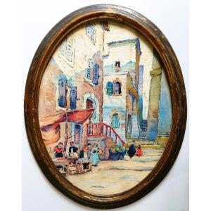 Naples, Alley And Its Market Watercolor By Perrot