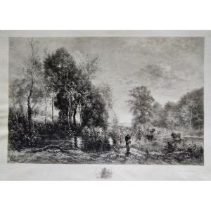Barbizon Landscape Etching Engraving By Brunet-debaines After Corot Dated 1905 Old Print