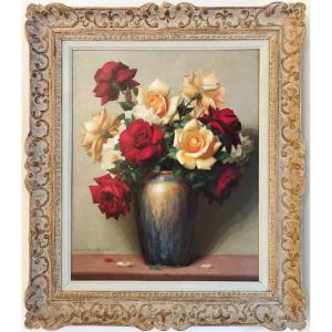 Painting Oil On Canvas Still Life Roses By Gaston Albert - Lavrillier 