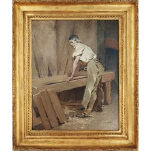 Oil Painting Gabriel Béringuier The Artisan Carpenter 19th C