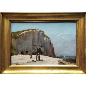 Tableau Huile Sur Panneau Paysage Etretat Par Georges Villain  Peinture 19ème