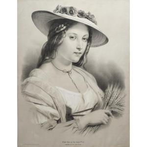 Femme Au Chapeau De Paille Grande Lithographie d'Après Brochart 