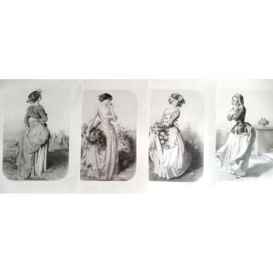 The Four Seasons Set Of 4 Engravings By Posselwhite After Vidal Etching Goupil Old Print
