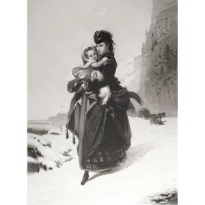 Mountain Snow Woman Child Dog Engraving After Brochart 19th C Old Print