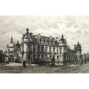 Etching Castle Chantilly Architecture Engraving By Eugène Sadoux 19th C Old Print