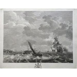 Etching Seascape Engraving After Ludolf Bakhuizen 18th C Old Print