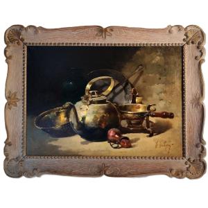 Large Oil Painting  Still Life With Kitchen Brass By French Painter  Victor Gallois 19th C