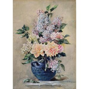 Lilacs Flowers Gouache Still Life 19th C