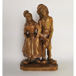 Glazed Terracotta Figurine Couple Of Normans By P.desbordes 19th C 