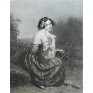 19th Century Romantic Portrait Of A Lady Etching Engraving 