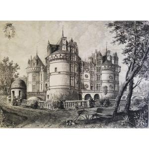 Castle Of Lude Engraving Etching By Octave De Rochebrune 19th C Old Print