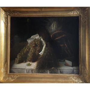 Oil Painting  Still Life With Grapes 19th Century