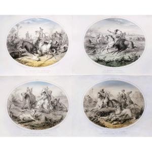 Hunting Horses Dogs Four Continents Set Of 4 Lithographs Colored 19th C Old Print