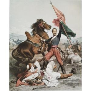 Bataille Militaria Cheval Le Drapeau  Gravure Aquarellée 19ème