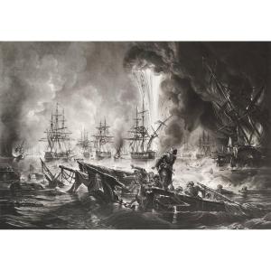 Etching Battle Of Navarino Engraving By Reynolds And Sixdeniers After Langlois 19th C Old Print