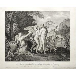 Etching Allegorical Engraving Love Friendship By Cazenave 19th Century  Mythological Old Print