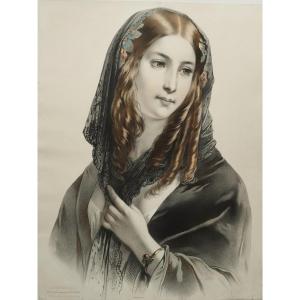 Portrait Of A Spanish Lady Lithograph By Lassalle, 19th Century Old Print