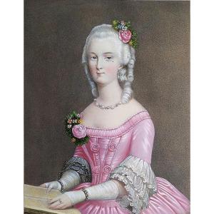 Watercolor Lithograph Portrait Of A Woman In The Marie Antoinette Style 19th Century Old Print