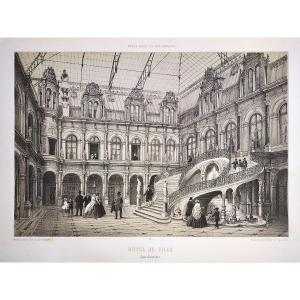 Paris City Hall Lithograph 19th Century Old Print