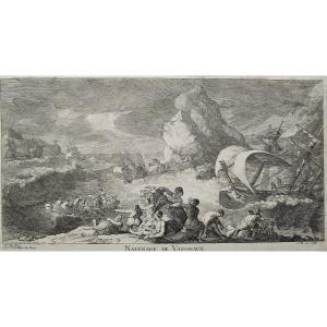 Etching Shipwreck Of Vessels Seascape Engraving 18th Century Old Print