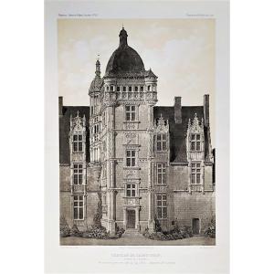 Renaissance Architecture French Castle saint-ouen Lithograph By Victor Petit 19th C Old Print