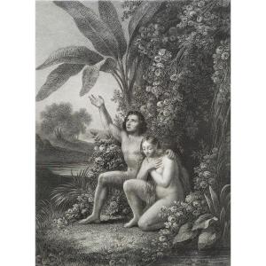 Etching Prayer Of Adam And Eve Nude Biblical Scene Engraving 19th C Old Print