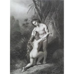 Adam's Forgiveness Eve Nude Biblical Scene Engraving 19th C Etching Old Print